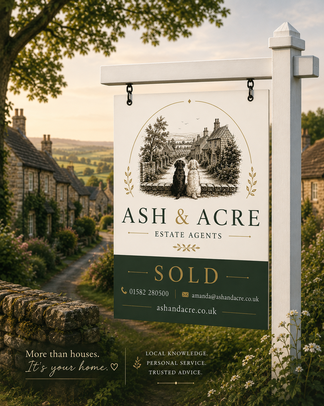 Ash & Acre branded property board in a village setting
