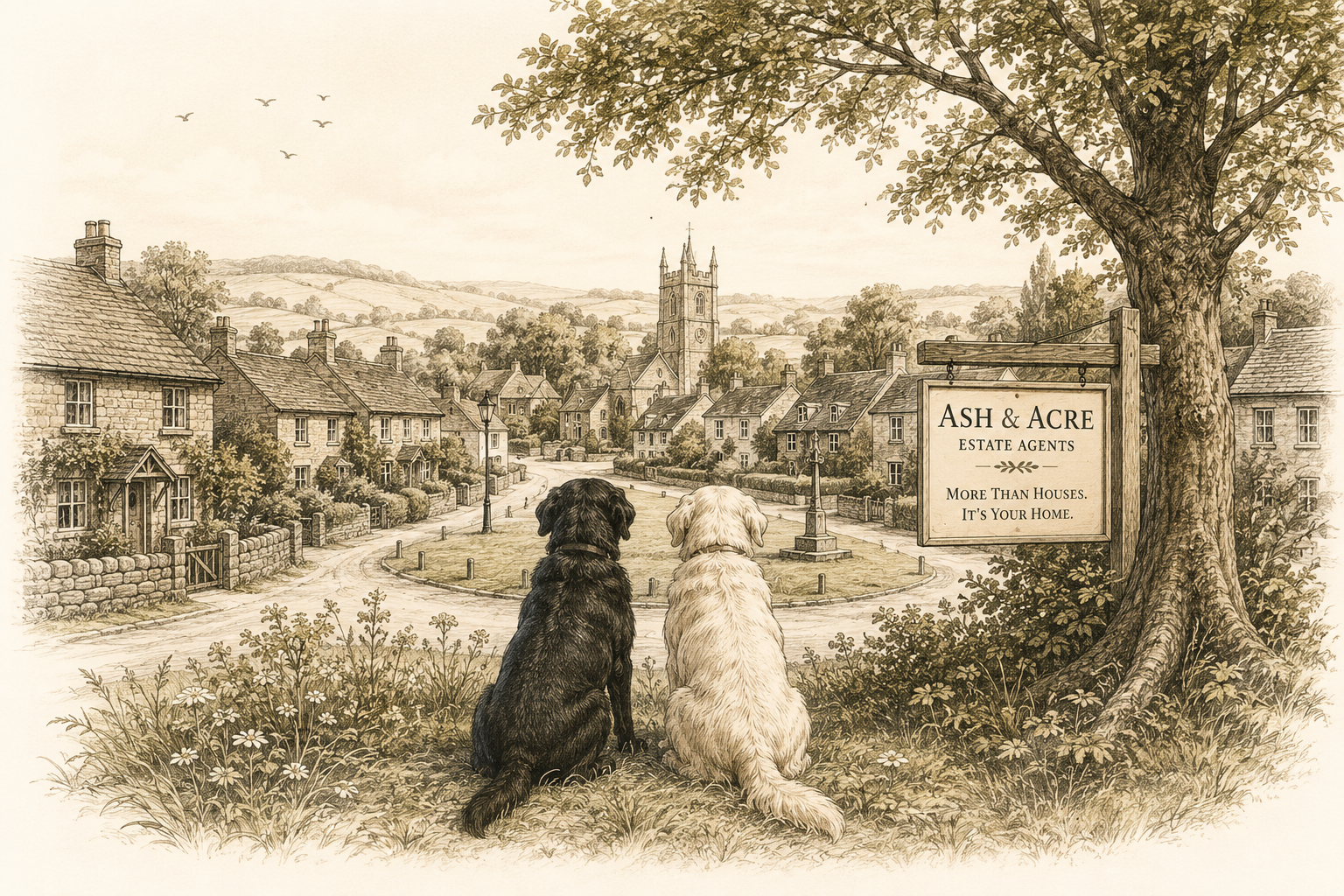 Ash & Acre illustration and board in a village scene