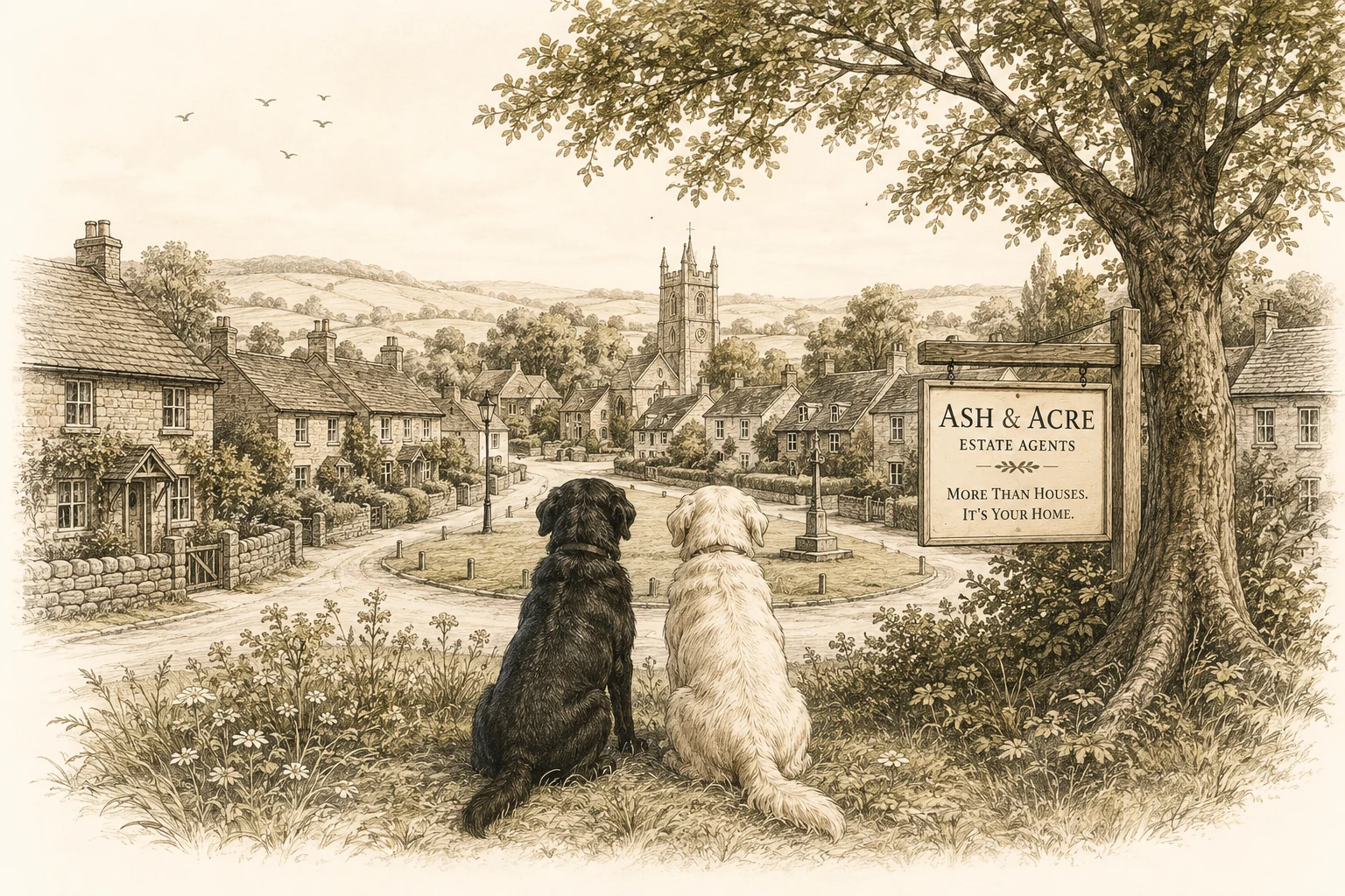 Ash & Acre illustration and board in a village scene