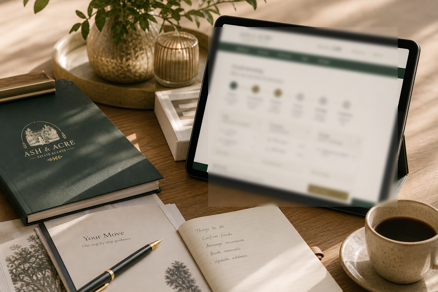 Property portal shown on an iPad with warm estate agency desk styling