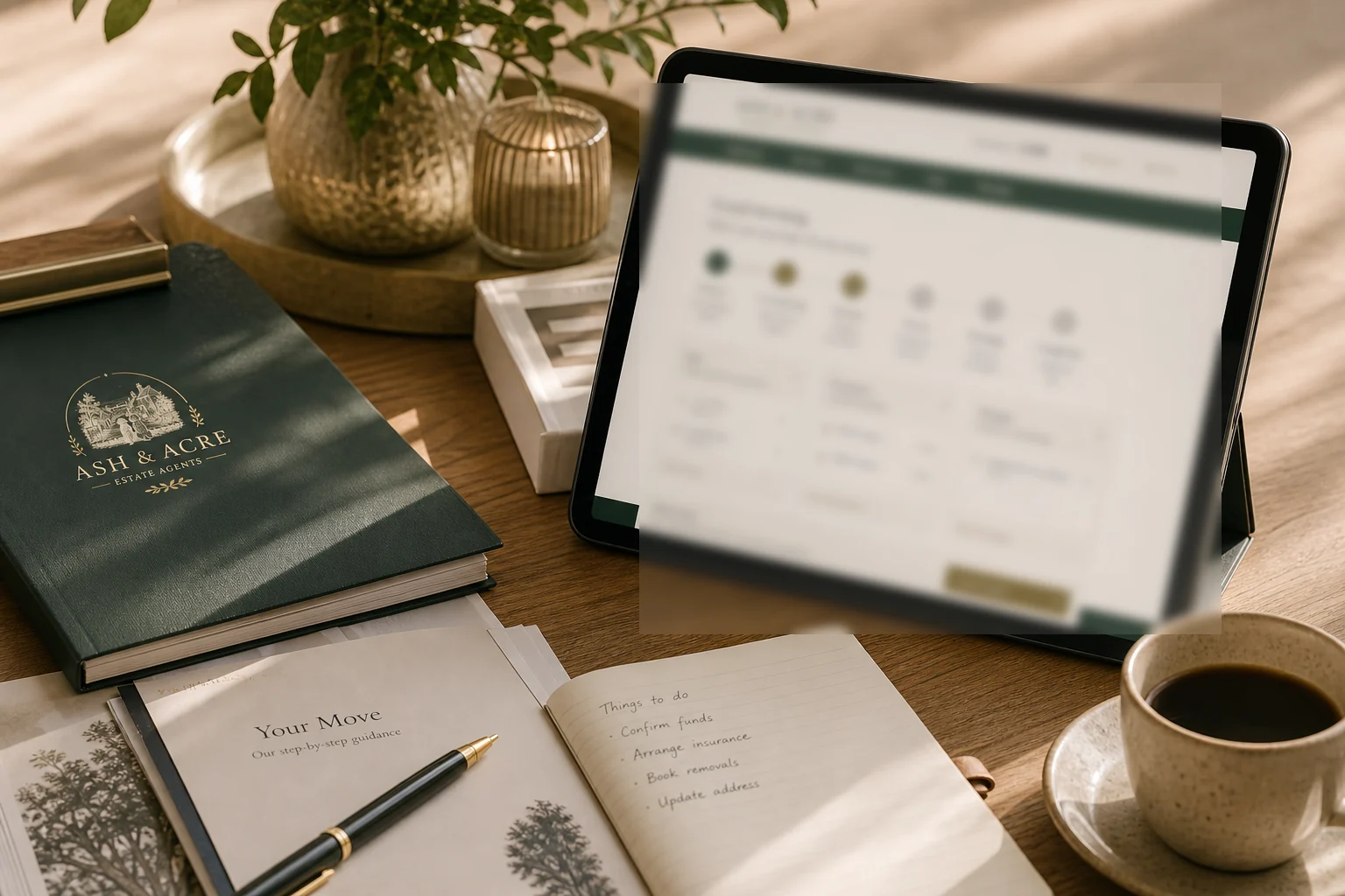 Property portal shown on an iPad with warm estate agency desk styling